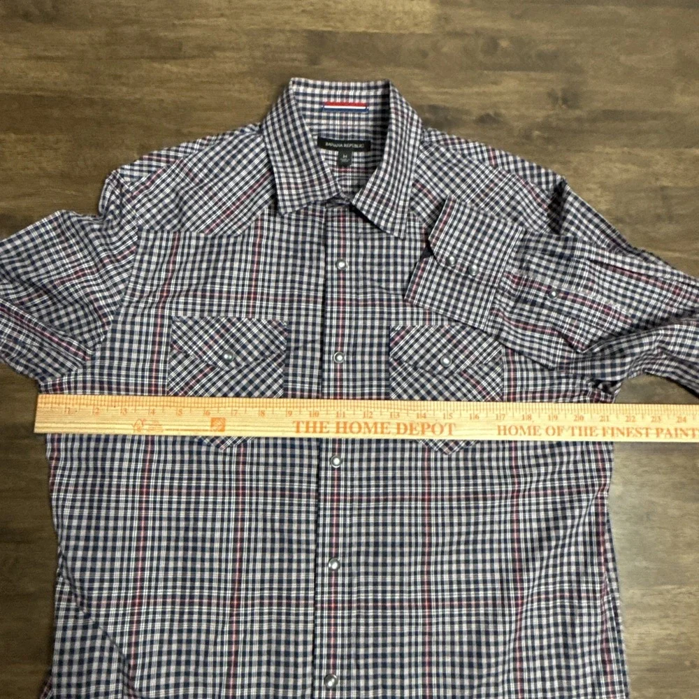 Banana Republic‎ Shirt Men's Medium Blue Red Plaid Pearl Snap Western Rockabilly